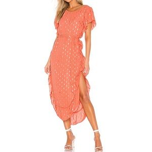 New Line & Dot Foil Print Tie Waist Ruffle Dress S